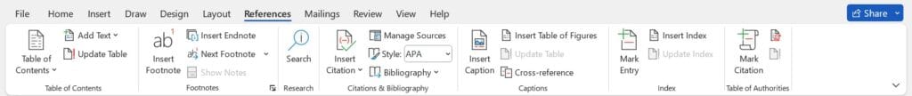 References Tab in MS Word