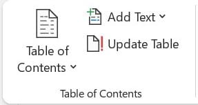 Table of Contents Section of References Tab in MS Word