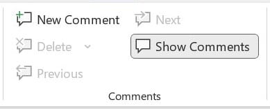 Comments section in Review Tab