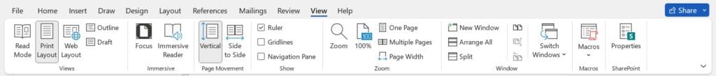 View Tab in MS Word